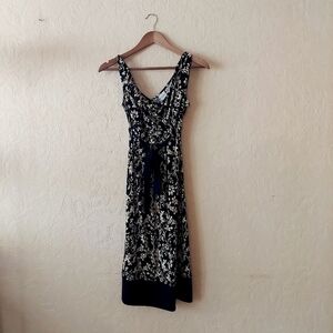 Merona Knit Sleeveless Dress Floral Black Tan Stretchy W Waist Tie Belt Sz XS